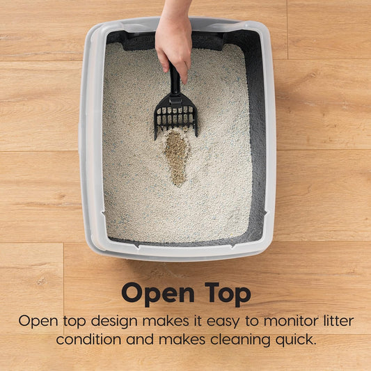 American cat litter box. Large open-top design with high side walls. High-grade sand protection device. Includes a shovel. Easy to clean plastic basin. Resistant to stains. Durable. Suitable for large cats, kittens, and multiple cats in the household.