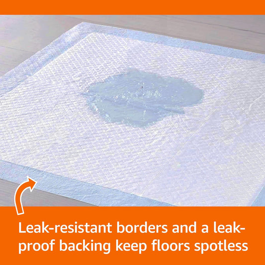 Basic leak-proof dog and puppy toilet training pad. Quick and dry five-layer design, large size (28 x 34 inches), blue and white color, 40 packs per box