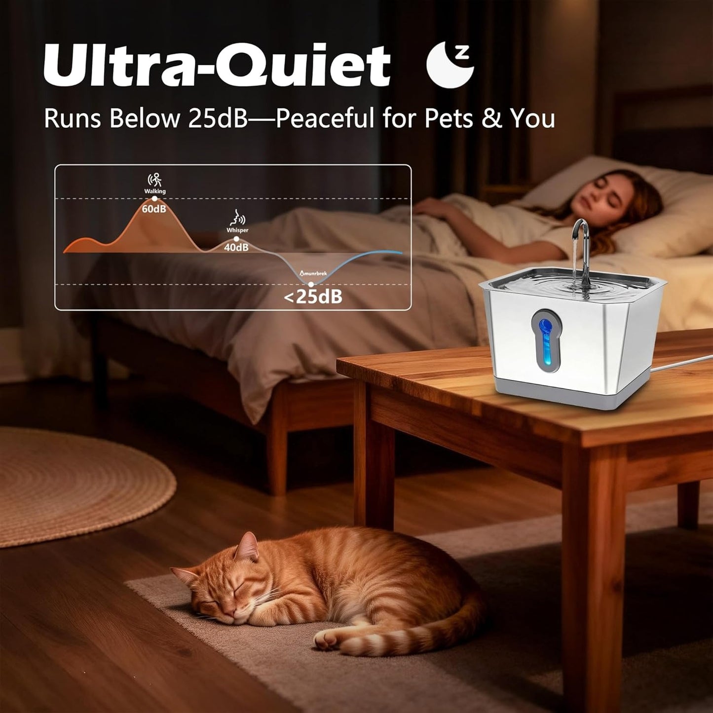 Smart Cat Water Dispenser (with app), 3.5-liter stainless steel gravity-fed pet water dispenser, silent pump, low water level alarm and water consumption tracking function
