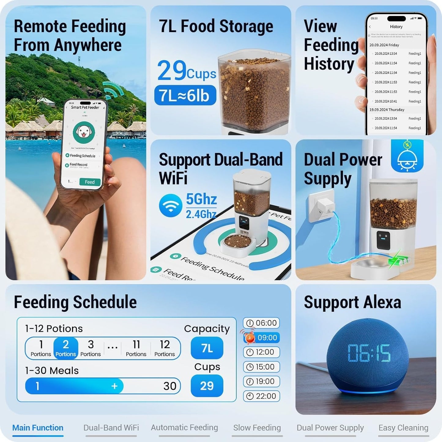 Automatic Cat Feeder with 5G WiFi: Automatic Dog Feeder with Slow Feed & Smart APP Control, 7L Timed Auto Cat Food Dispenser with Alexa for Pets, Detachable for Easy Cleaning - 29 Cups