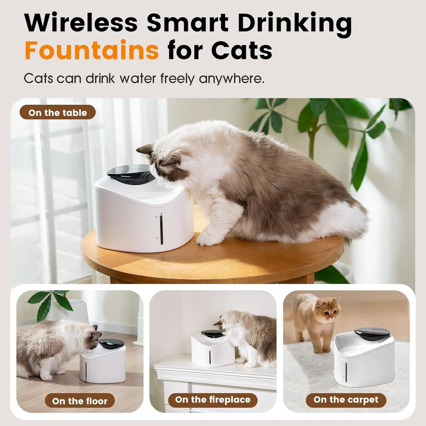 Wireless Cat Water Fountain with Smart App Monitoring, BPA-Free Ensure Safety, 2.5L/84oz Pet Water Fountain, Increase Water Intake, Ultra-Quiet Automatic Cats Dog Dispenser with Hydration Tracking