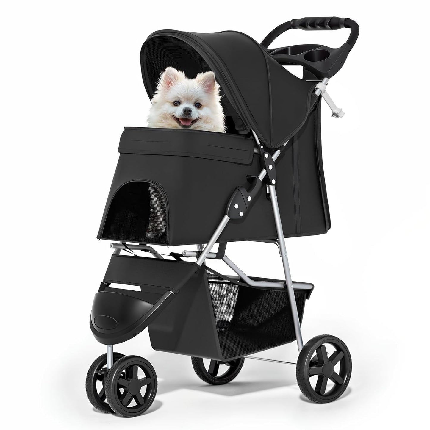 Foldable pet carrier with a rain cover, three-wheel design, suitable for small to medium-sized dogs and cats, equipped with a storage basket and cup holder, featuring a breathable and transparent mesh design, suitable for all seasons, black version.