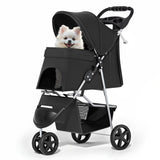 Foldable pet carrier with a rain cover, three-wheel design, suitable for small to medium-sized dogs and cats, equipped with a storage basket and cup holder, featuring a breathable and transparent mesh design, suitable for all seasons, black version.