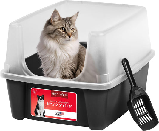 American cat litter box. Large open-top design with high side walls. High-grade sand protection device. Includes a shovel. Easy to clean plastic basin. Resistant to stains. Durable. Suitable for large cats, kittens, and multiple cats in the household.