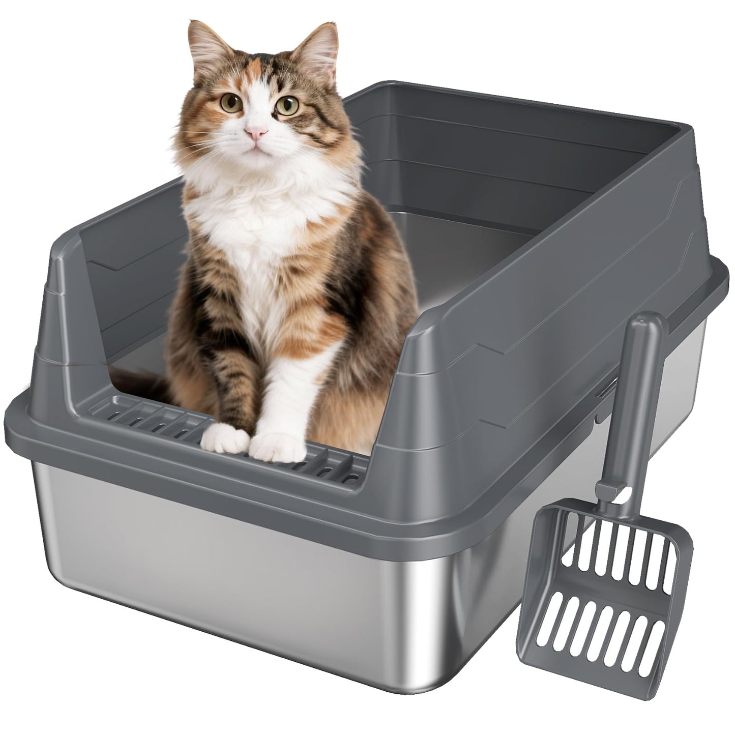 Stainless Steel Cat Litter Box, Odor Free Metal Litter Box with High Sides Lid, Open Top Low Entry Litter Pan Include Scoop Easy Cleaning Anti-Scratch Kitty Cat Box Anti-Urine Leakage, Non-Sticky