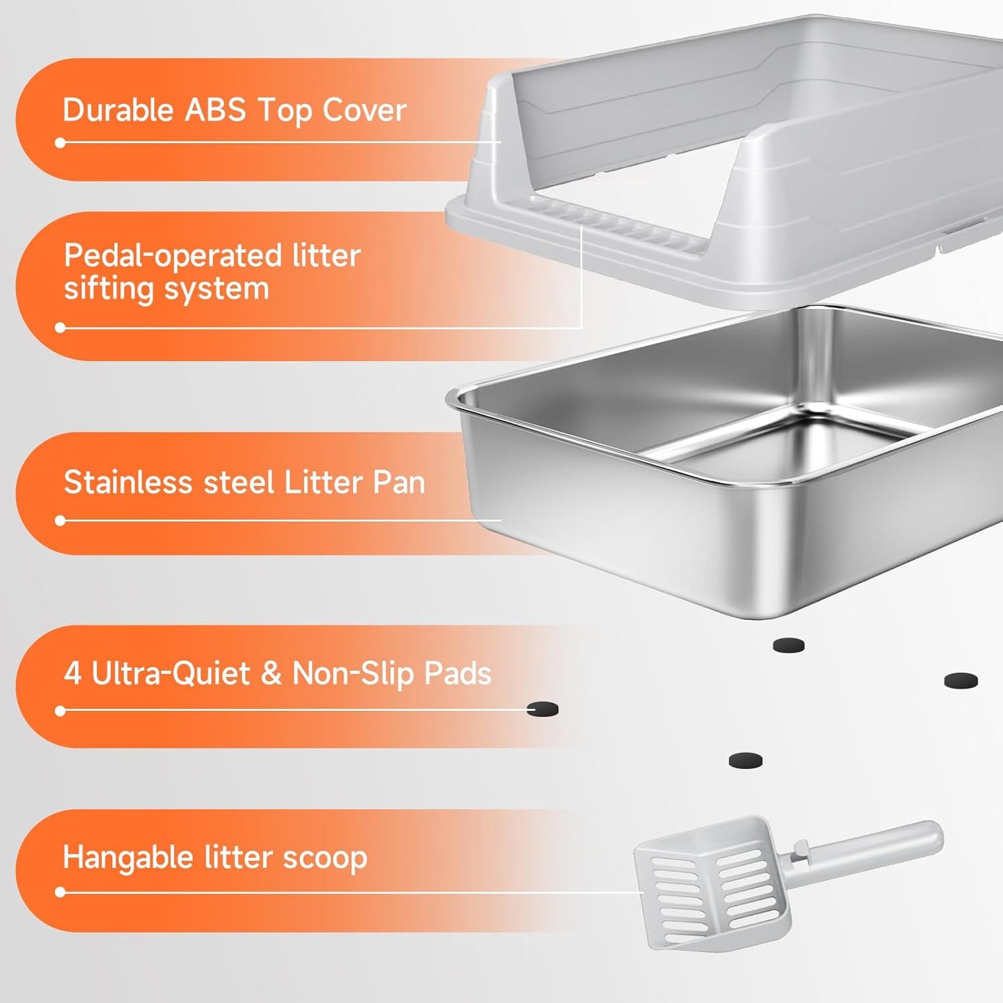 Stainless Steel Cat Litter Box, Odor Free Metal Litter Box with High Sides Lid, Open Top Low Entry Litter Pan Include Scoop Easy Cleaning Anti-Scratch Kitty Cat Box Anti-Urine Leakage, Non-Sticky