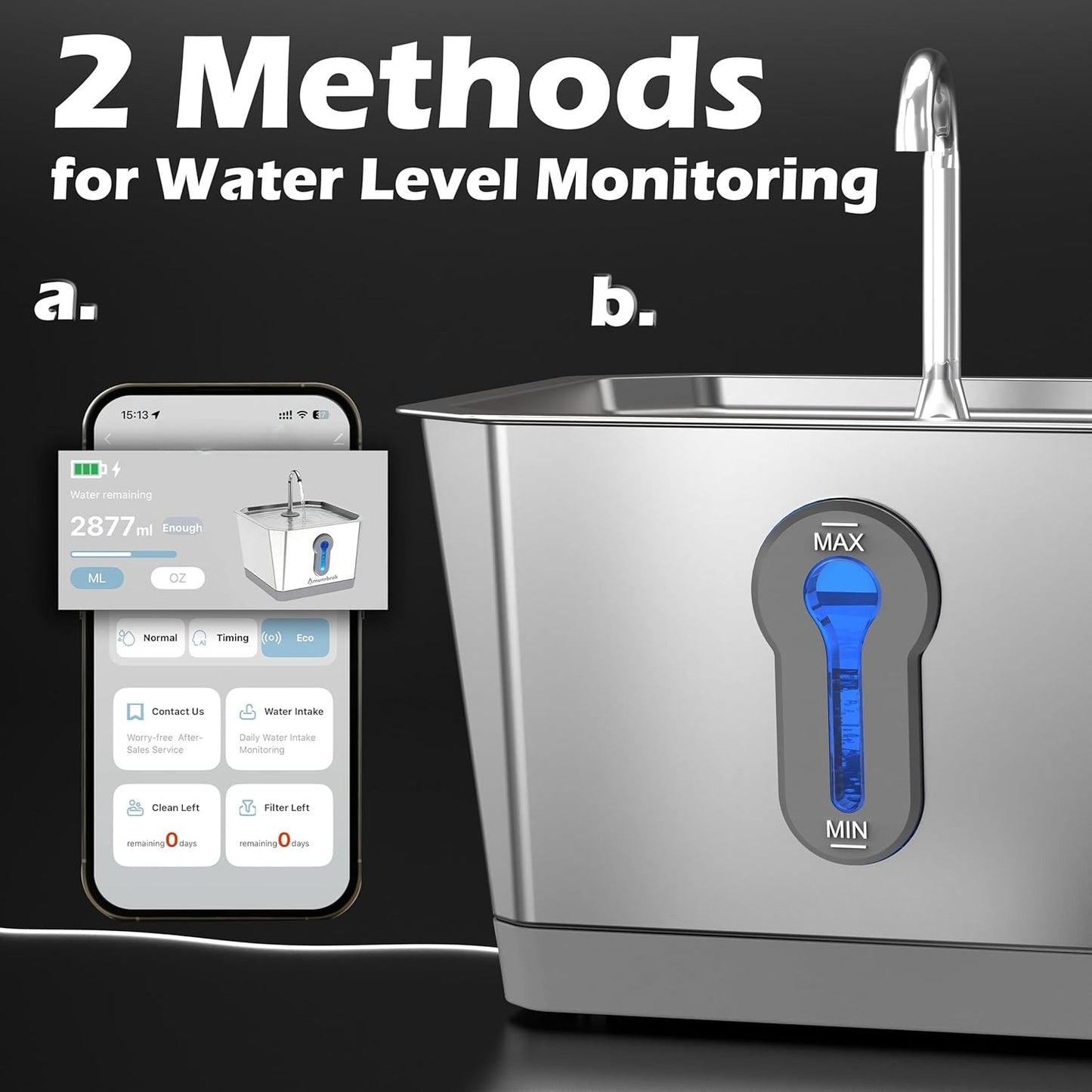 Smart Cat Water Dispenser (with app), 3.5-liter stainless steel gravity-fed pet water dispenser, silent pump, low water level alarm and water consumption tracking function