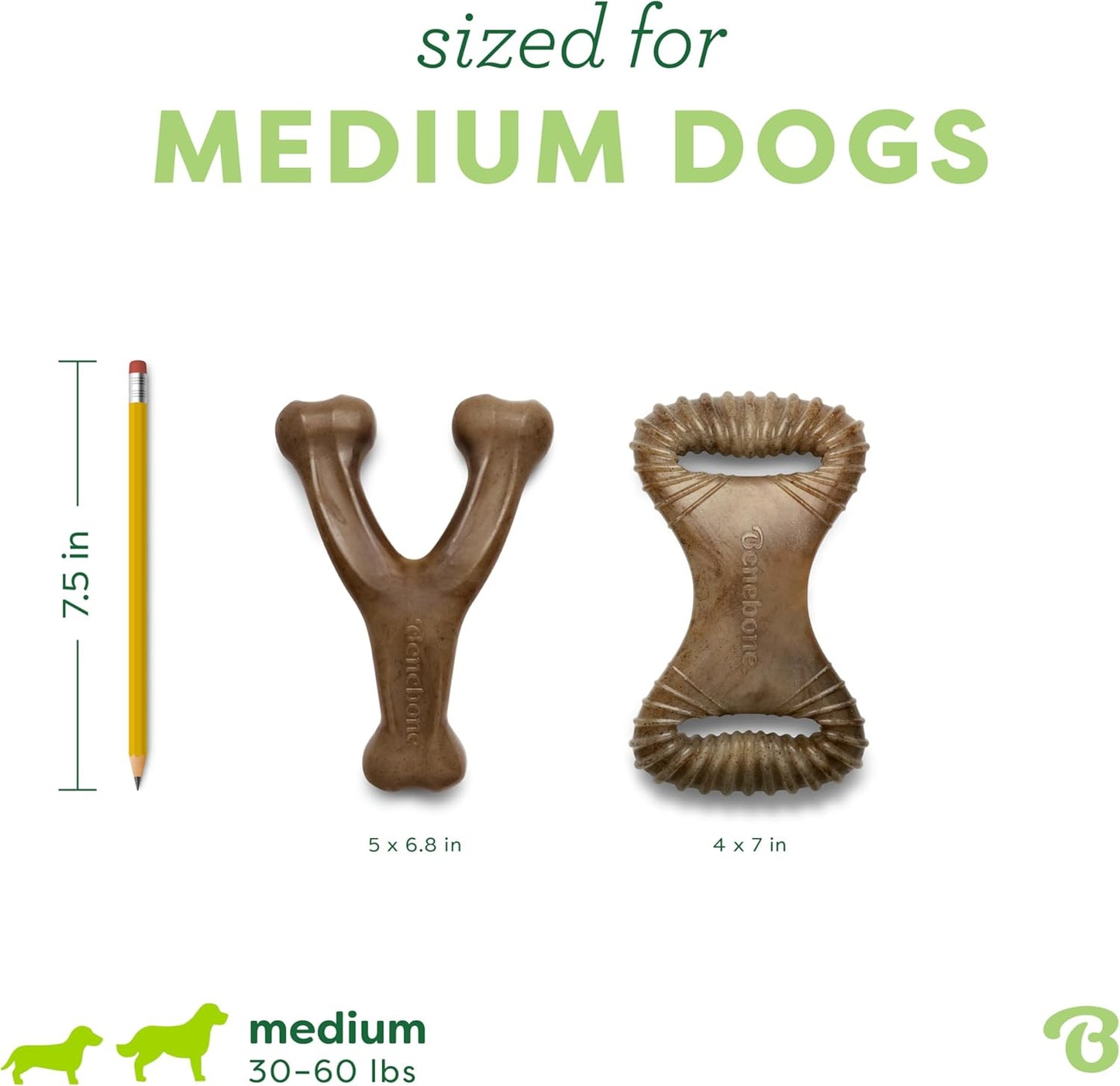 2-piece sturdy teeth-tearing dog chew toy, specially designed for dogs that love chewing. Made of real bacon, manufactured in the USA, medium size.