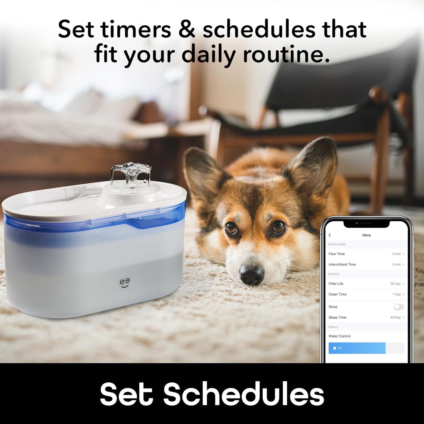 Intelligent pet water dispenser, automatic water bowl filtration system, suitable for cats and dogs, supports Wi-Fi control, compatible with Alexa and Google Home, equipped with cleaning and water refill reminder functions. White model, 2.6 liters.
