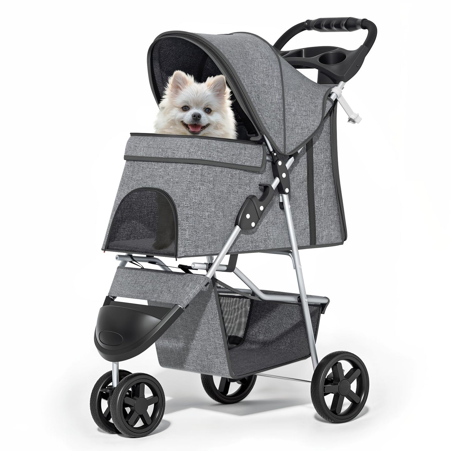 Foldable pet carrier with a rain cover, three-wheel design, suitable for small to medium-sized dogs and cats, equipped with a storage basket and cup holder, featuring a breathable and transparent mesh design, suitable for all seasons, black version.