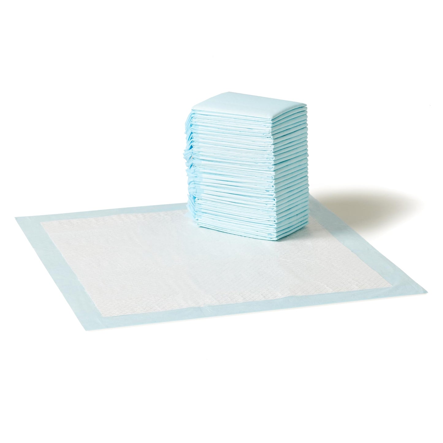 Basic leak-proof dog and puppy toilet training pad. Quick and dry five-layer design, large size (28 x 34 inches), blue and white color, 40 packs per box