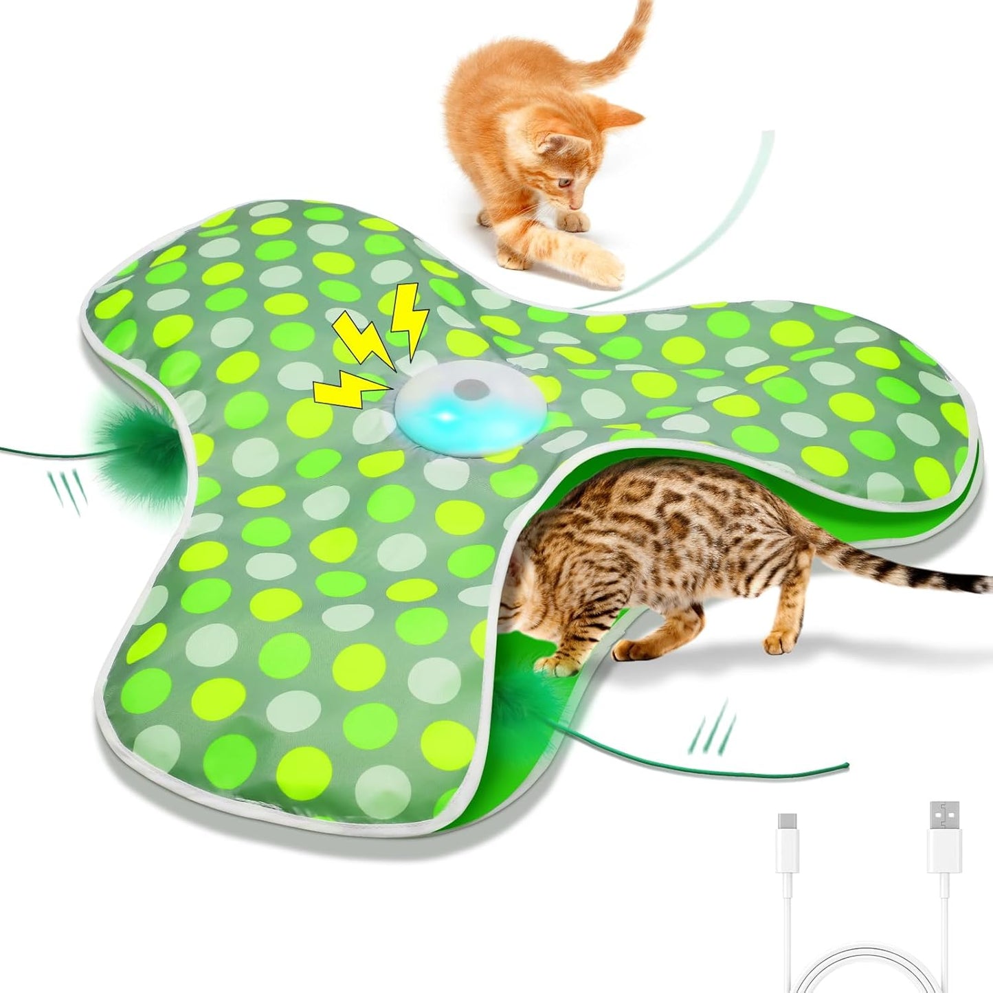 Interactive cat toy - Rechargeable, hidden moving feathers, realistic mouse sound toy, touch-activated kitten play toy, suitable for adult cats that get bored indoors.