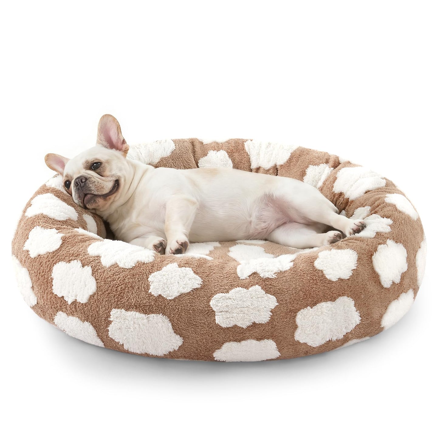 Medium-sized dog bed - A cute round and comfortable pet bed suitable for puppies. The cover fabric is detachable and washable. It features a faux tweed plush material and a non-slip bottom for a supportive dog bed.