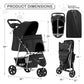 Foldable pet carrier with a rain cover, three-wheel design, suitable for small to medium-sized dogs and cats, equipped with a storage basket and cup holder, featuring a breathable and transparent mesh design, suitable for all seasons, black version.