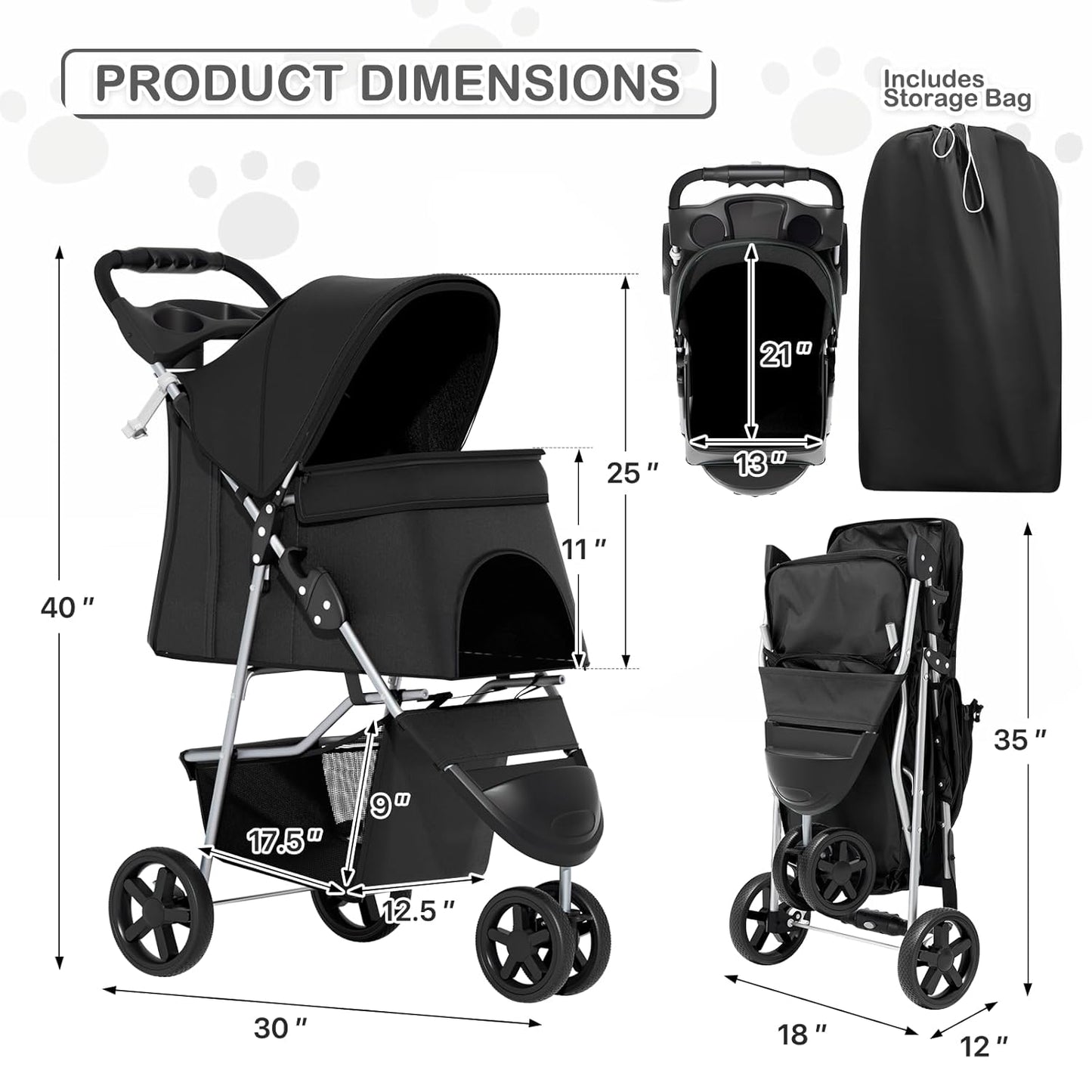 Foldable pet carrier with a rain cover, three-wheel design, suitable for small to medium-sized dogs and cats, equipped with a storage basket and cup holder, featuring a breathable and transparent mesh design, suitable for all seasons, black version.