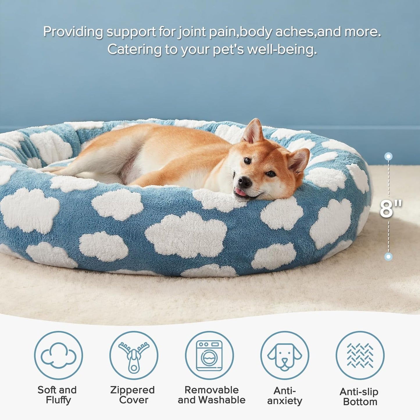 Medium-sized dog bed - A cute round and comfortable pet bed suitable for puppies. The cover fabric is detachable and washable. It features a faux tweed plush material and a non-slip bottom for a supportive dog bed.