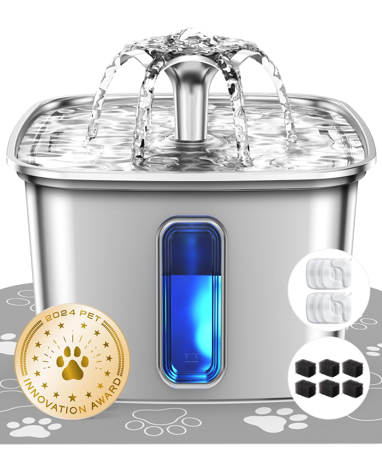 Stainless steel cat water dispenser, capacity 108 ounces / 3.2 liters, automatic pet water fountain, equipped with 3 replaceable filters and silicone pads, suitable for cats and dogs (silver)