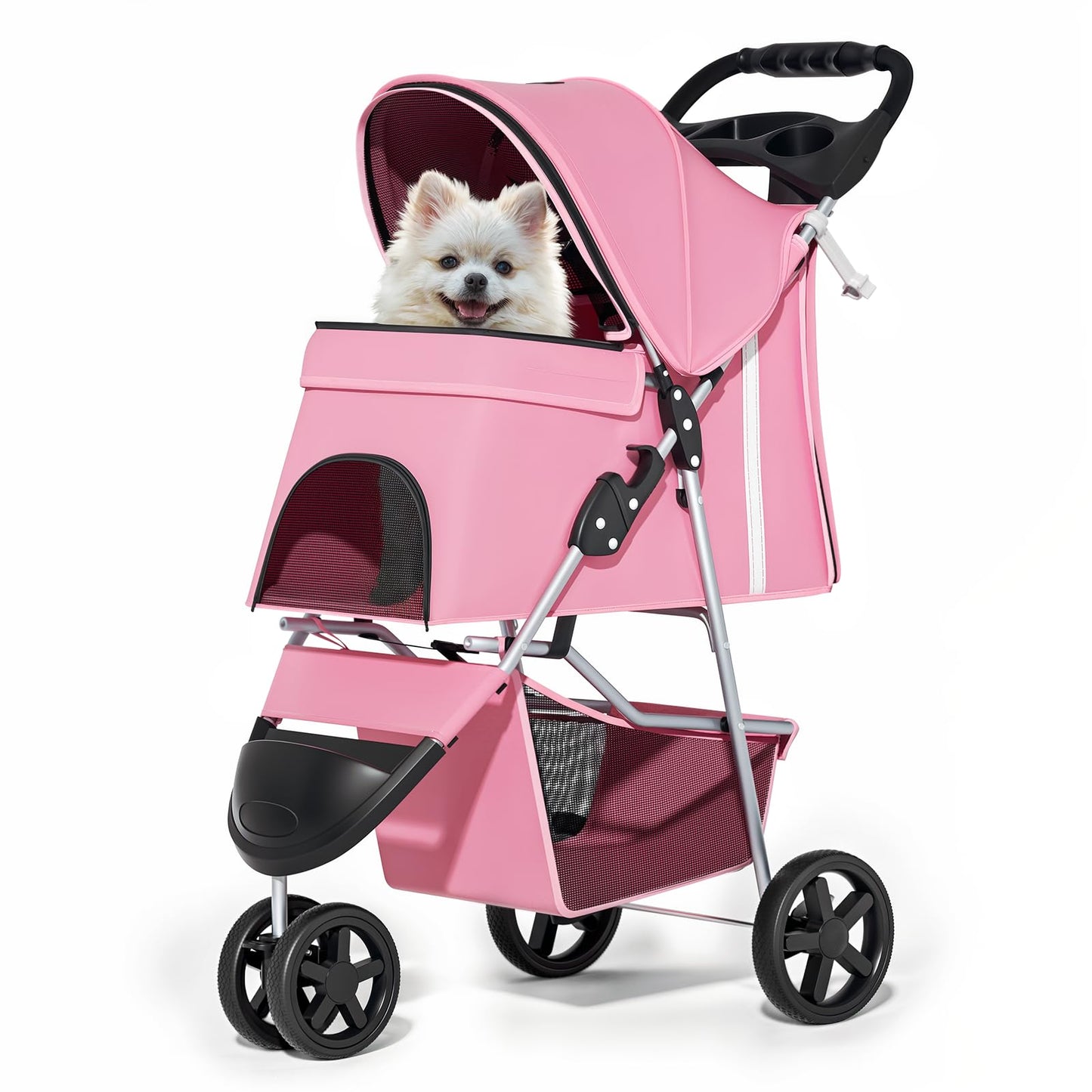 Foldable pet carrier with a rain cover, three-wheel design, suitable for small to medium-sized dogs and cats, equipped with a storage basket and cup holder, featuring a breathable and transparent mesh design, suitable for all seasons, black version.