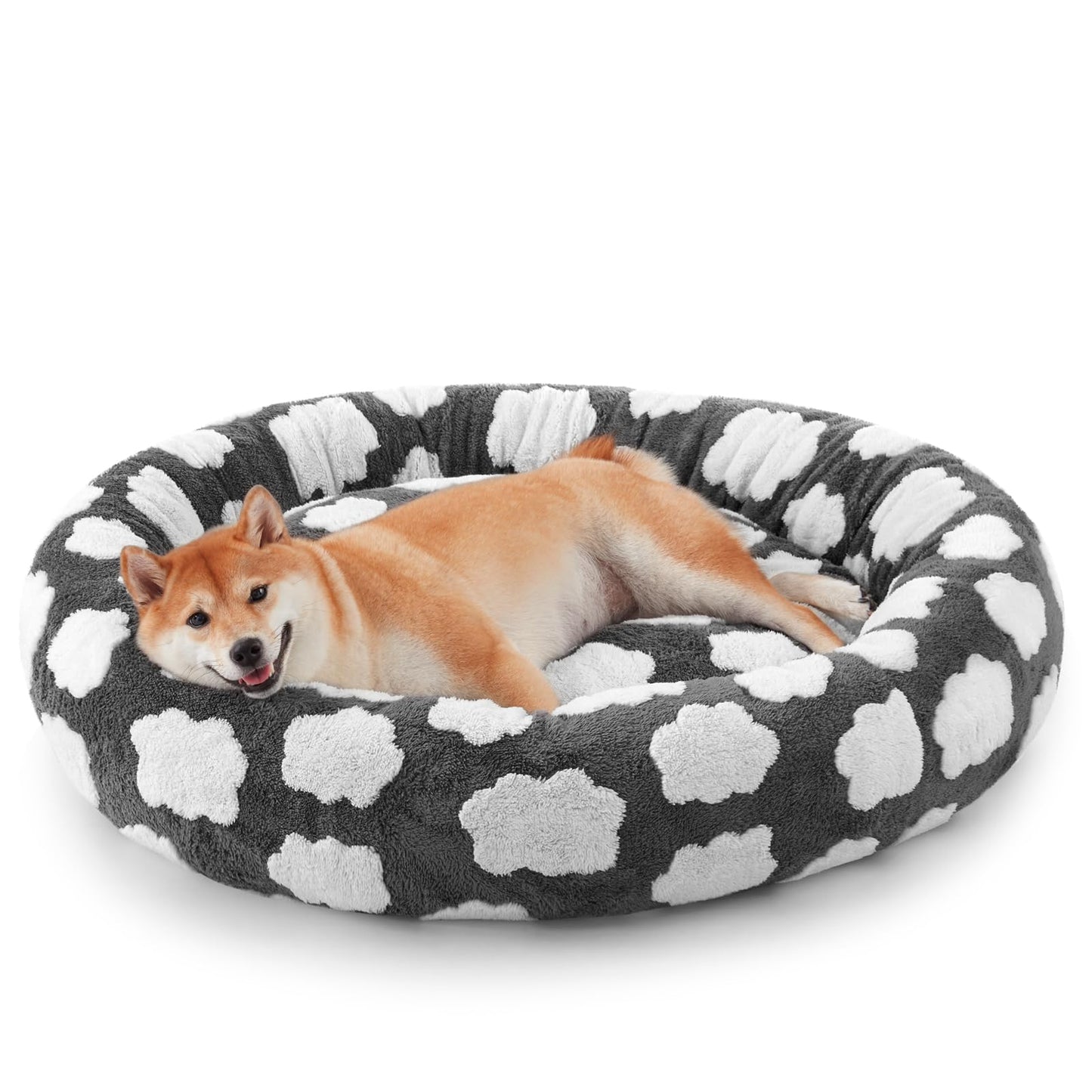 Medium-sized dog bed - A cute round and comfortable pet bed suitable for puppies. The cover fabric is detachable and washable. It features a faux tweed plush material and a non-slip bottom for a supportive dog bed.