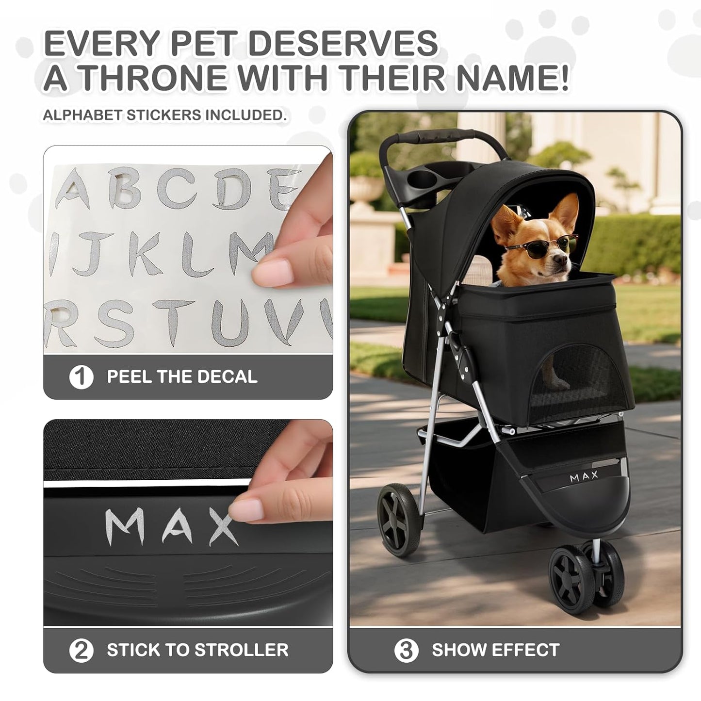 Foldable pet carrier with a rain cover, three-wheel design, suitable for small to medium-sized dogs and cats, equipped with a storage basket and cup holder, featuring a breathable and transparent mesh design, suitable for all seasons, black version.