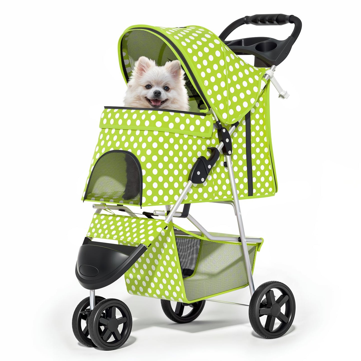 Foldable pet carrier with a rain cover, three-wheel design, suitable for small to medium-sized dogs and cats, equipped with a storage basket and cup holder, featuring a breathable and transparent mesh design, suitable for all seasons, black version.