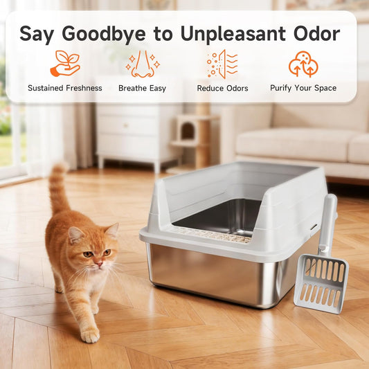 Stainless Steel Cat Litter Box, Odor Free Metal Litter Box with High Sides Lid, Open Top Low Entry Litter Pan Include Scoop Easy Cleaning Anti-Scratch Kitty Cat Box Anti-Urine Leakage, Non-Sticky