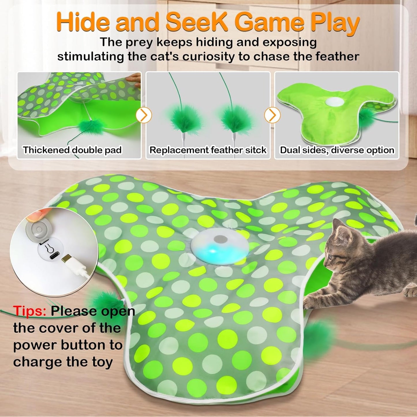 Interactive cat toy - Rechargeable, hidden moving feathers, realistic mouse sound toy, touch-activated kitten play toy, suitable for adult cats that get bored indoors.