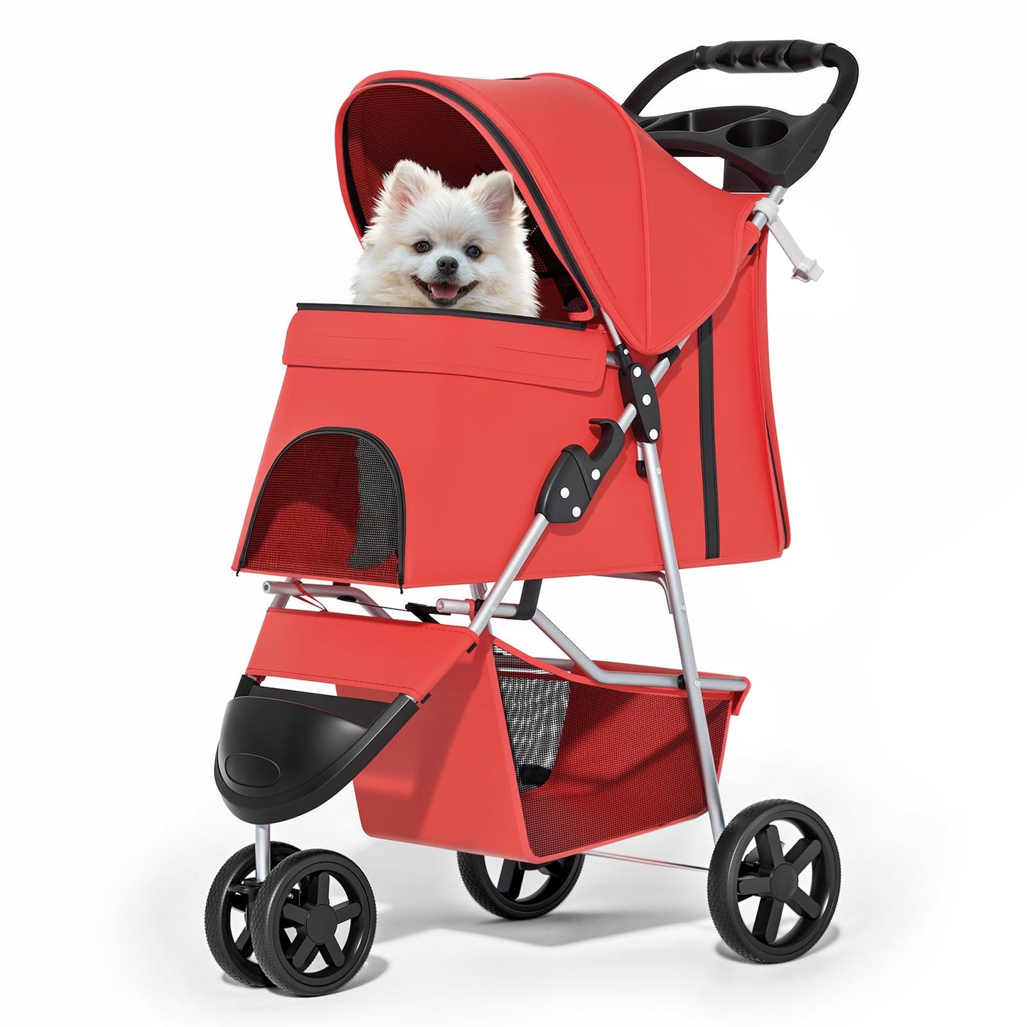 Foldable pet carrier with a rain cover, three-wheel design, suitable for small to medium-sized dogs and cats, equipped with a storage basket and cup holder, featuring a breathable and transparent mesh design, suitable for all seasons, black version.