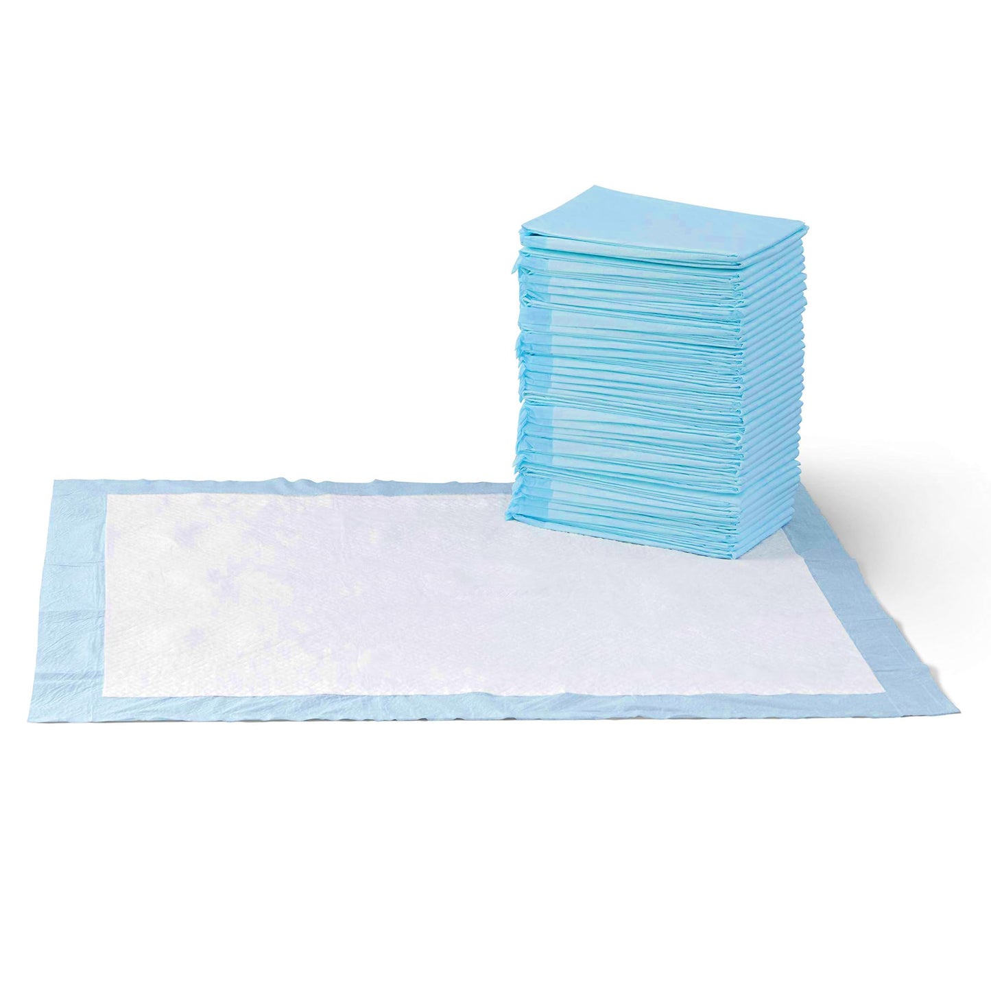 Basic leak-proof dog and puppy toilet training pad. Quick and dry five-layer design, large size (28 x 34 inches), blue and white color, 40 packs per box