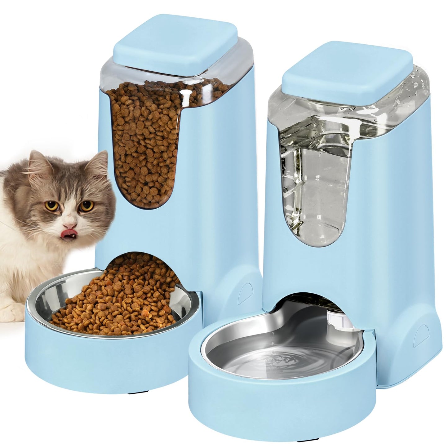 Automatic Cat Feeder and Water Dispenser with Stainless Steel Bowl Dog Gravity Food Feeder and Waterer for Small Medium Pets Puppy Kitten 1 Gallon x 2