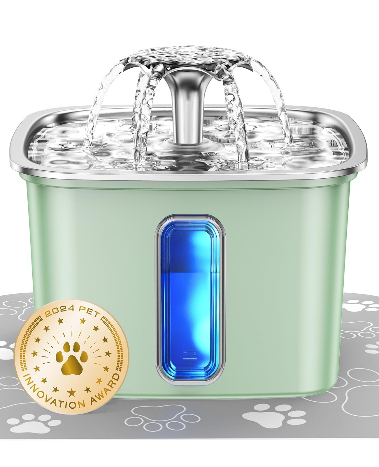 Stainless steel cat water dispenser, capacity 108 ounces / 3.2 liters, automatic pet water fountain, equipped with 3 replaceable filters and silicone pads, suitable for cats and dogs (silver)