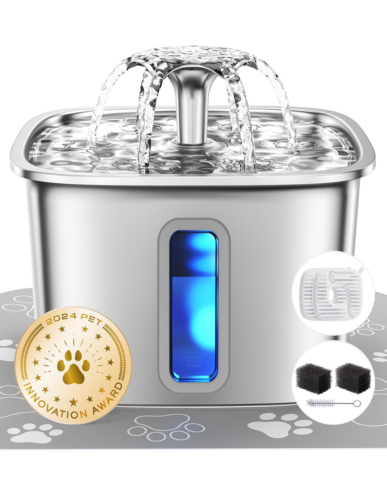 Stainless steel cat water dispenser, capacity 108 ounces / 3.2 liters, automatic pet water fountain, equipped with 3 replaceable filters and silicone pads, suitable for cats and dogs (silver)