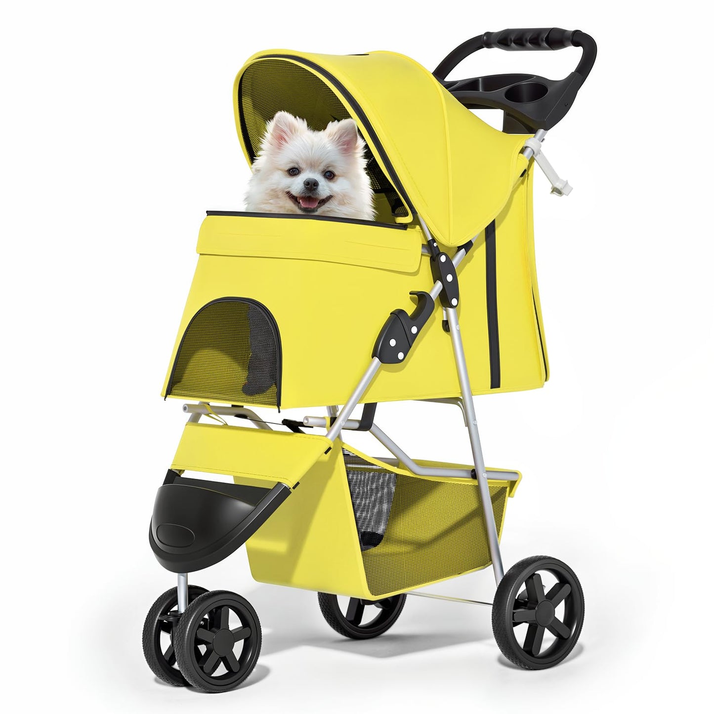 Foldable pet carrier with a rain cover, three-wheel design, suitable for small to medium-sized dogs and cats, equipped with a storage basket and cup holder, featuring a breathable and transparent mesh design, suitable for all seasons, black version.