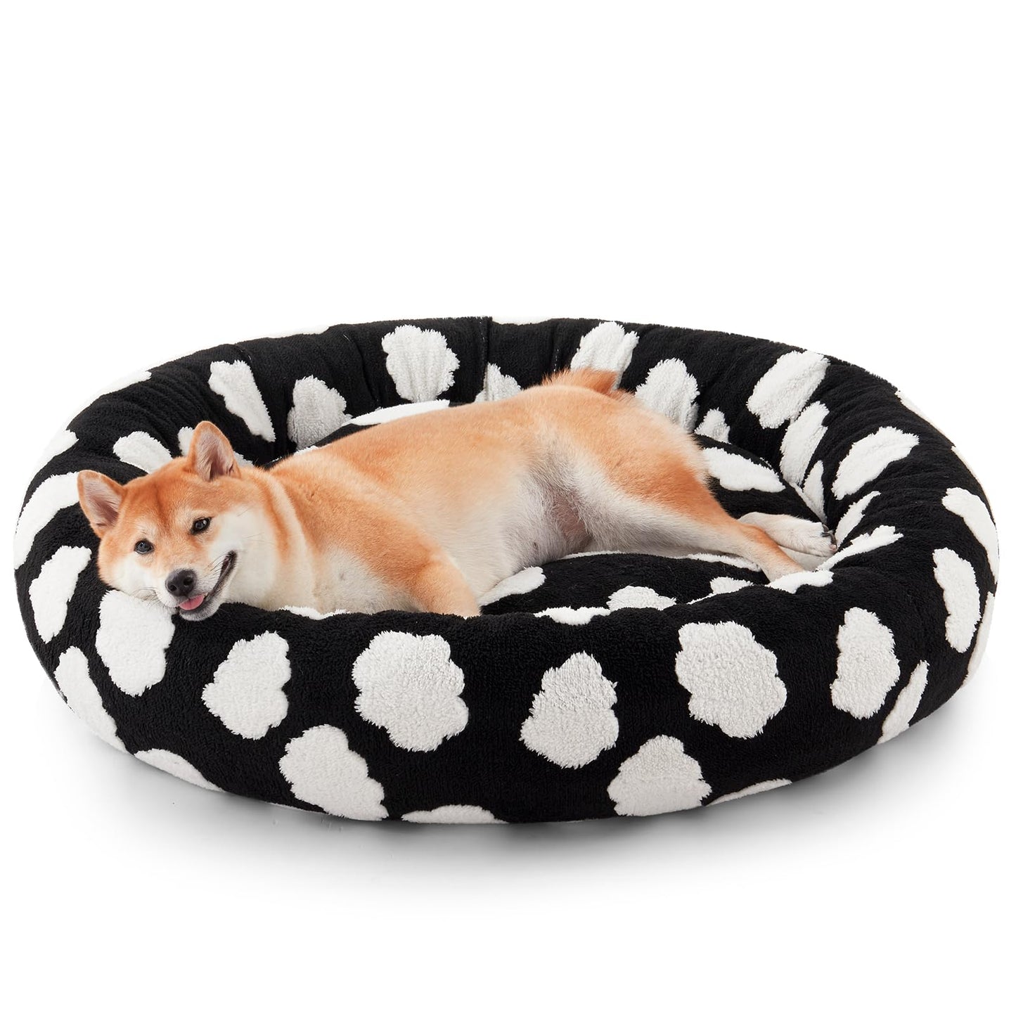 Medium-sized dog bed - A cute round and comfortable pet bed suitable for puppies. The cover fabric is detachable and washable. It features a faux tweed plush material and a non-slip bottom for a supportive dog bed.