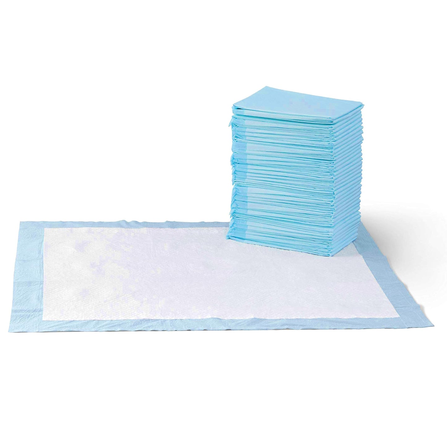 Basic leak-proof dog and puppy toilet training pad. Quick and dry five-layer design, large size (28 x 34 inches), blue and white color, 40 packs per box