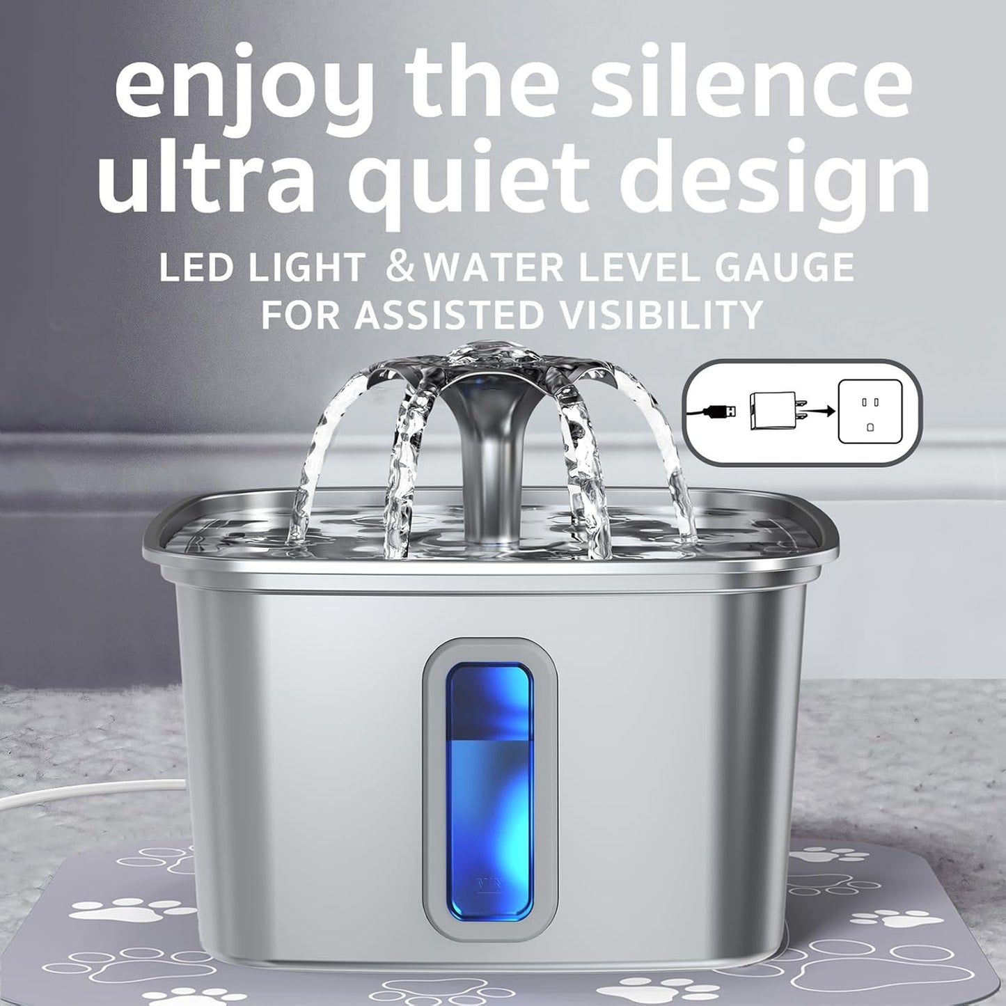 Stainless steel cat water dispenser, capacity 108 ounces / 3.2 liters, automatic pet water fountain, equipped with 3 replaceable filters and silicone pads, suitable for cats and dogs (silver)