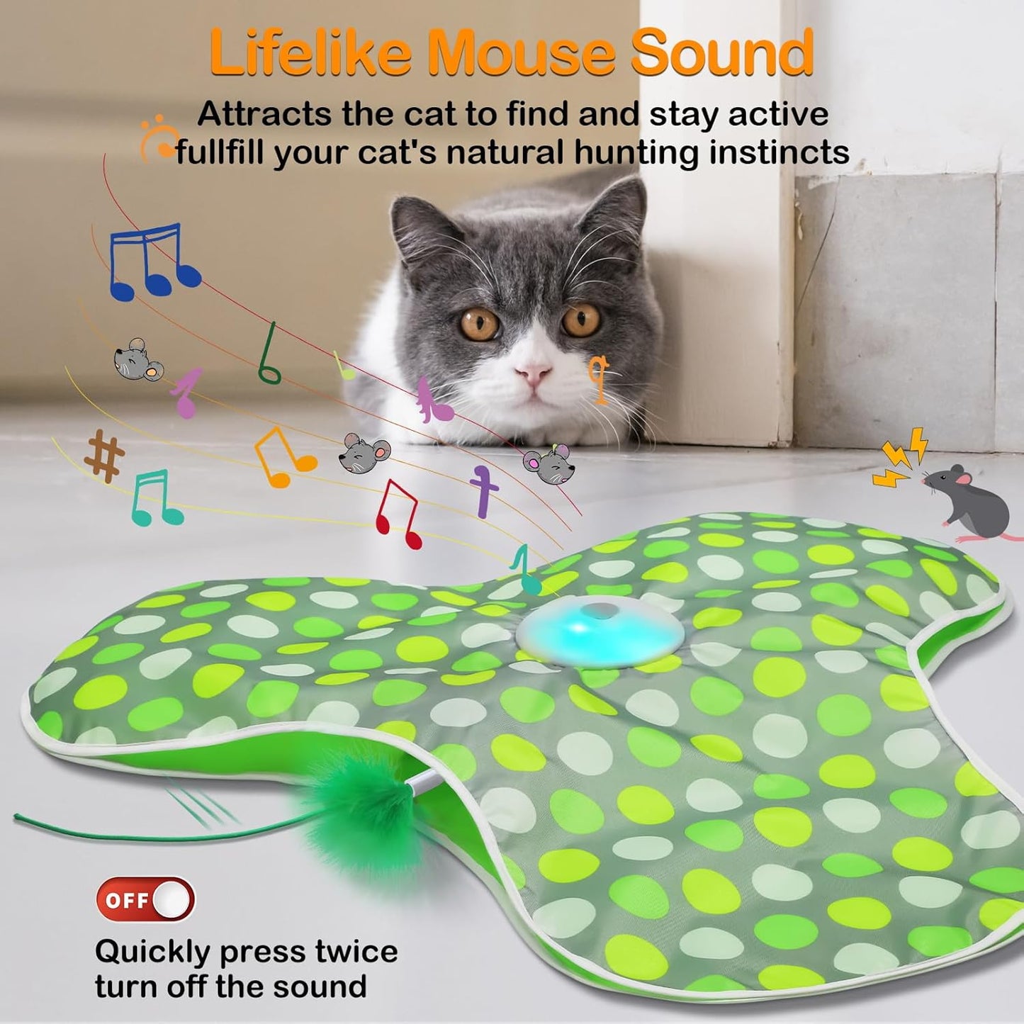 Interactive cat toy - Rechargeable, hidden moving feathers, realistic mouse sound toy, touch-activated kitten play toy, suitable for adult cats that get bored indoors.