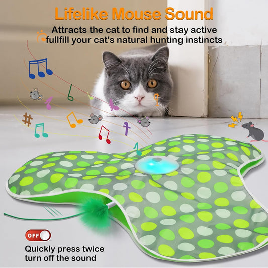 Interactive cat toy - Rechargeable, hidden moving feathers, realistic mouse sound toy, touch-activated kitten play toy, suitable for adult cats that get bored indoors.