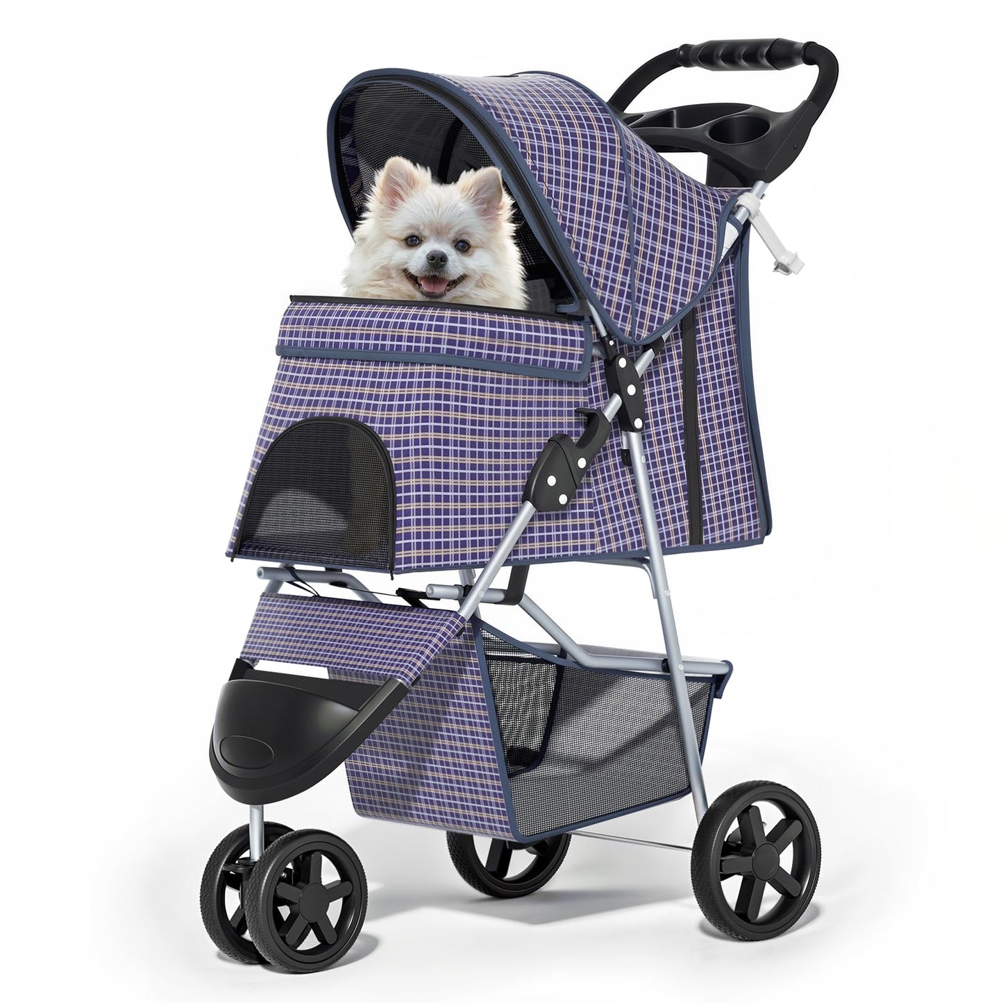 Foldable pet carrier with a rain cover, three-wheel design, suitable for small to medium-sized dogs and cats, equipped with a storage basket and cup holder, featuring a breathable and transparent mesh design, suitable for all seasons, black version.