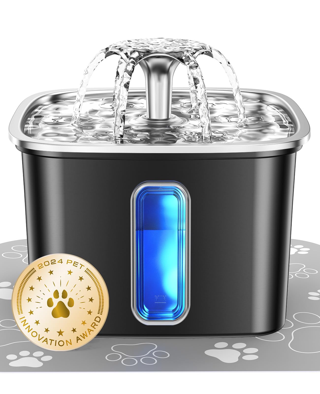 Stainless steel cat water dispenser, capacity 108 ounces / 3.2 liters, automatic pet water fountain, equipped with 3 replaceable filters and silicone pads, suitable for cats and dogs (silver)