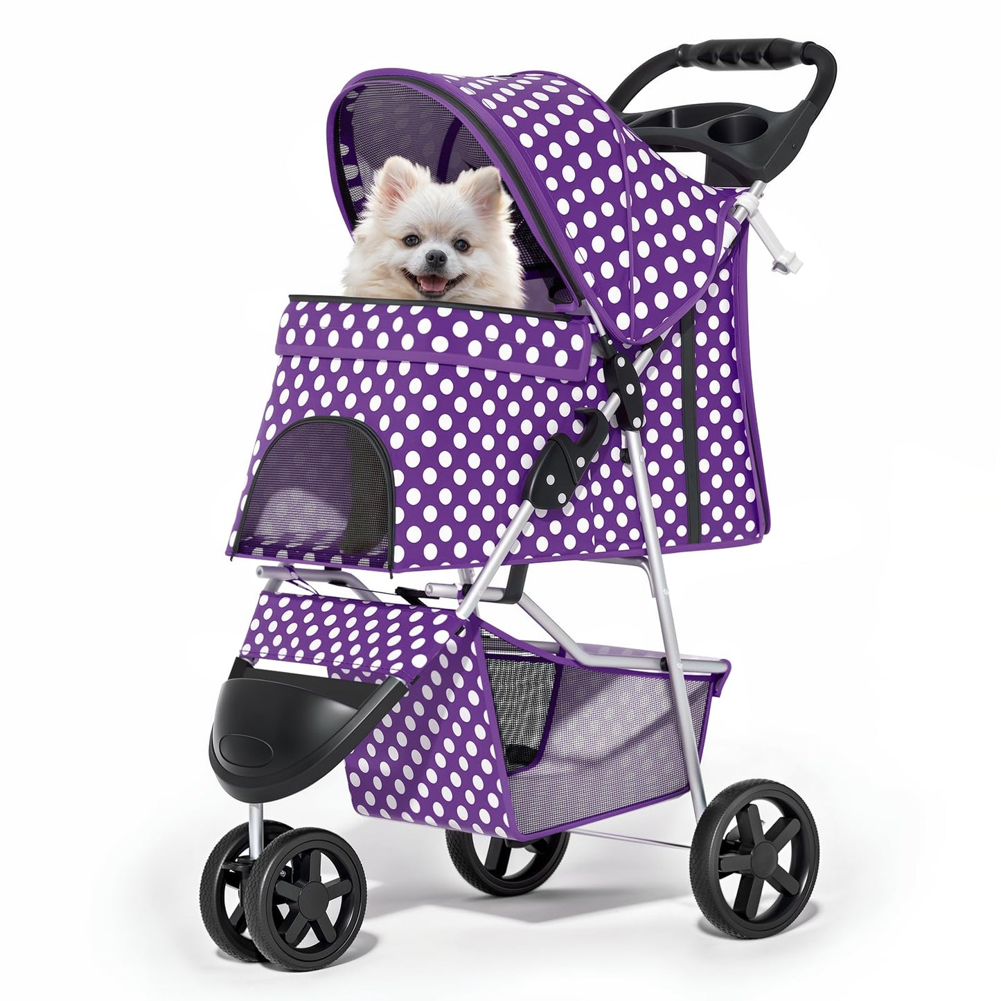 Foldable pet carrier with a rain cover, three-wheel design, suitable for small to medium-sized dogs and cats, equipped with a storage basket and cup holder, featuring a breathable and transparent mesh design, suitable for all seasons, black version.