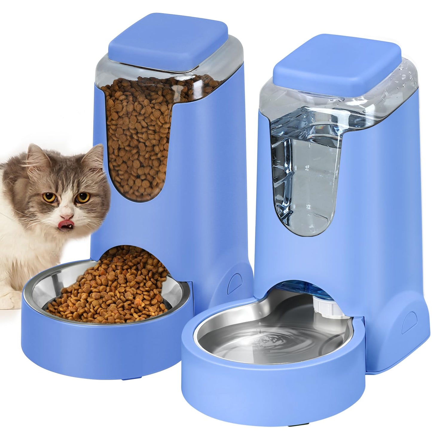 Automatic Cat Feeder and Water Dispenser with Stainless Steel Bowl Dog Gravity Food Feeder and Waterer for Small Medium Pets Puppy Kitten 1 Gallon x 2