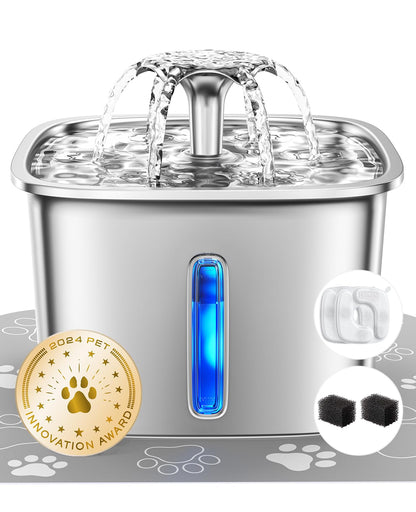 Stainless steel cat water dispenser, capacity 108 ounces / 3.2 liters, automatic pet water fountain, equipped with 3 replaceable filters and silicone pads, suitable for cats and dogs (silver)
