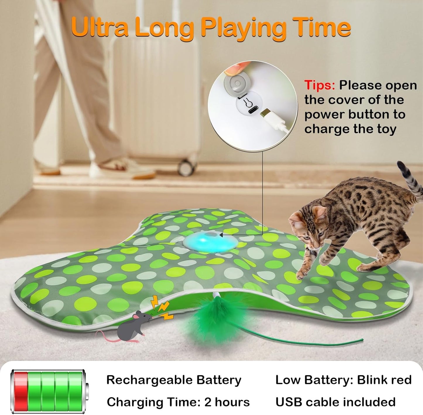 Interactive cat toy - Rechargeable, hidden moving feathers, realistic mouse sound toy, touch-activated kitten play toy, suitable for adult cats that get bored indoors.