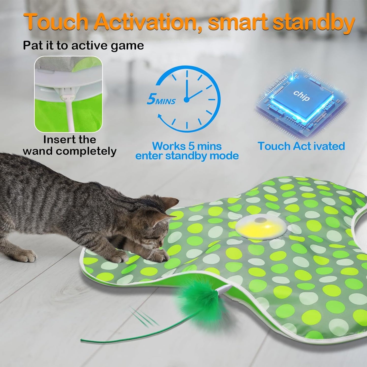 Interactive cat toy - Rechargeable, hidden moving feathers, realistic mouse sound toy, touch-activated kitten play toy, suitable for adult cats that get bored indoors.