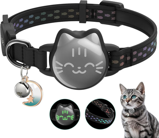 Waterproof Airtag 2nd & 1st Cat Collar, Breakaway Cat Airtag Collar with Luminous & Reflective Fish Pattern, Lightweight Kitten Collars for Apple Air tag, Hidden GPS Tracker Holder for Cats, Kittens