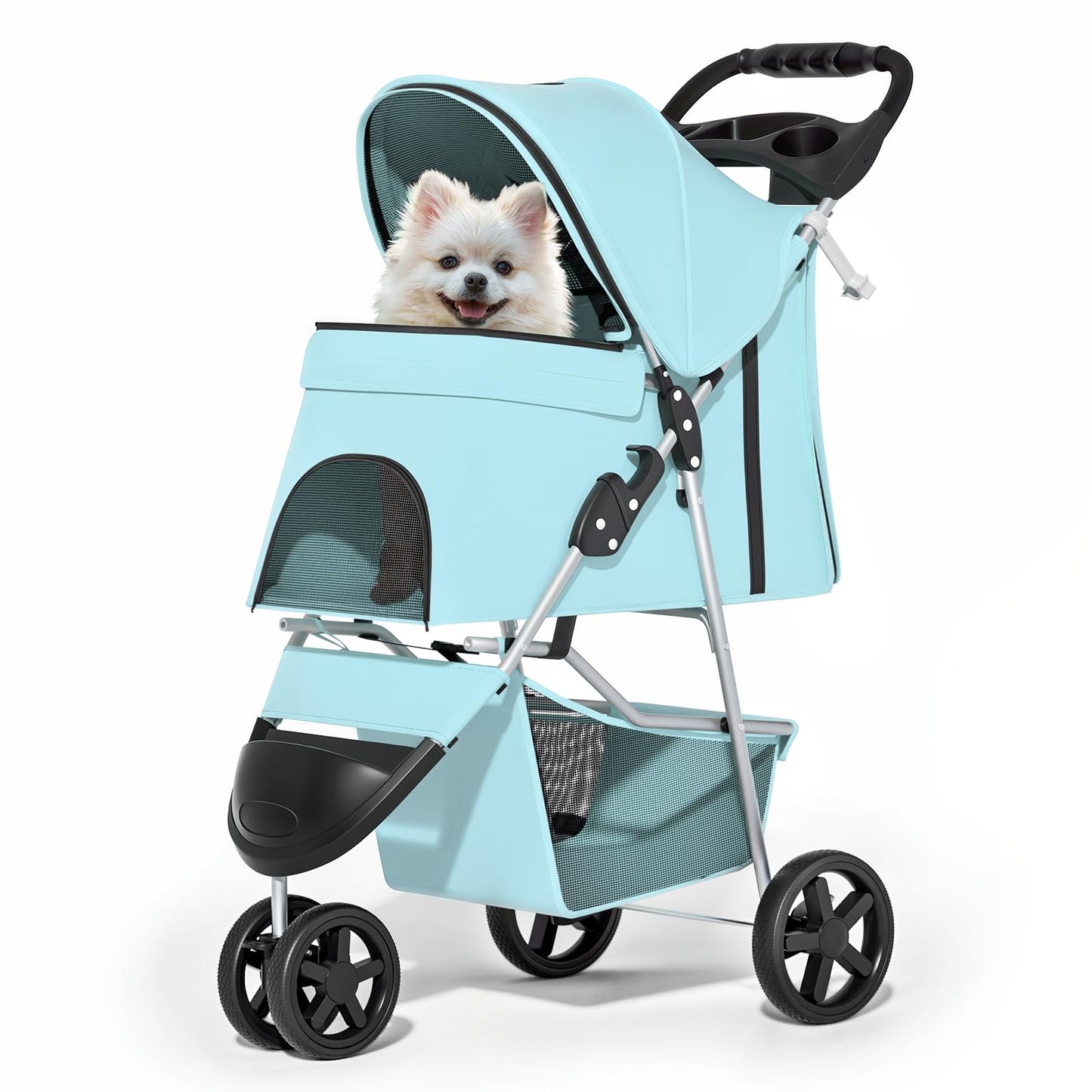 Foldable pet carrier with a rain cover, three-wheel design, suitable for small to medium-sized dogs and cats, equipped with a storage basket and cup holder, featuring a breathable and transparent mesh design, suitable for all seasons, black version.