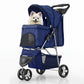 Foldable pet carrier with a rain cover, three-wheel design, suitable for small to medium-sized dogs and cats, equipped with a storage basket and cup holder, featuring a breathable and transparent mesh design, suitable for all seasons, black version.