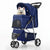 Foldable pet carrier with a rain cover, three-wheel design, suitable for small to medium-sized dogs and cats, equipped with a storage basket and cup holder, featuring a breathable and transparent mesh design, suitable for all seasons, black version.