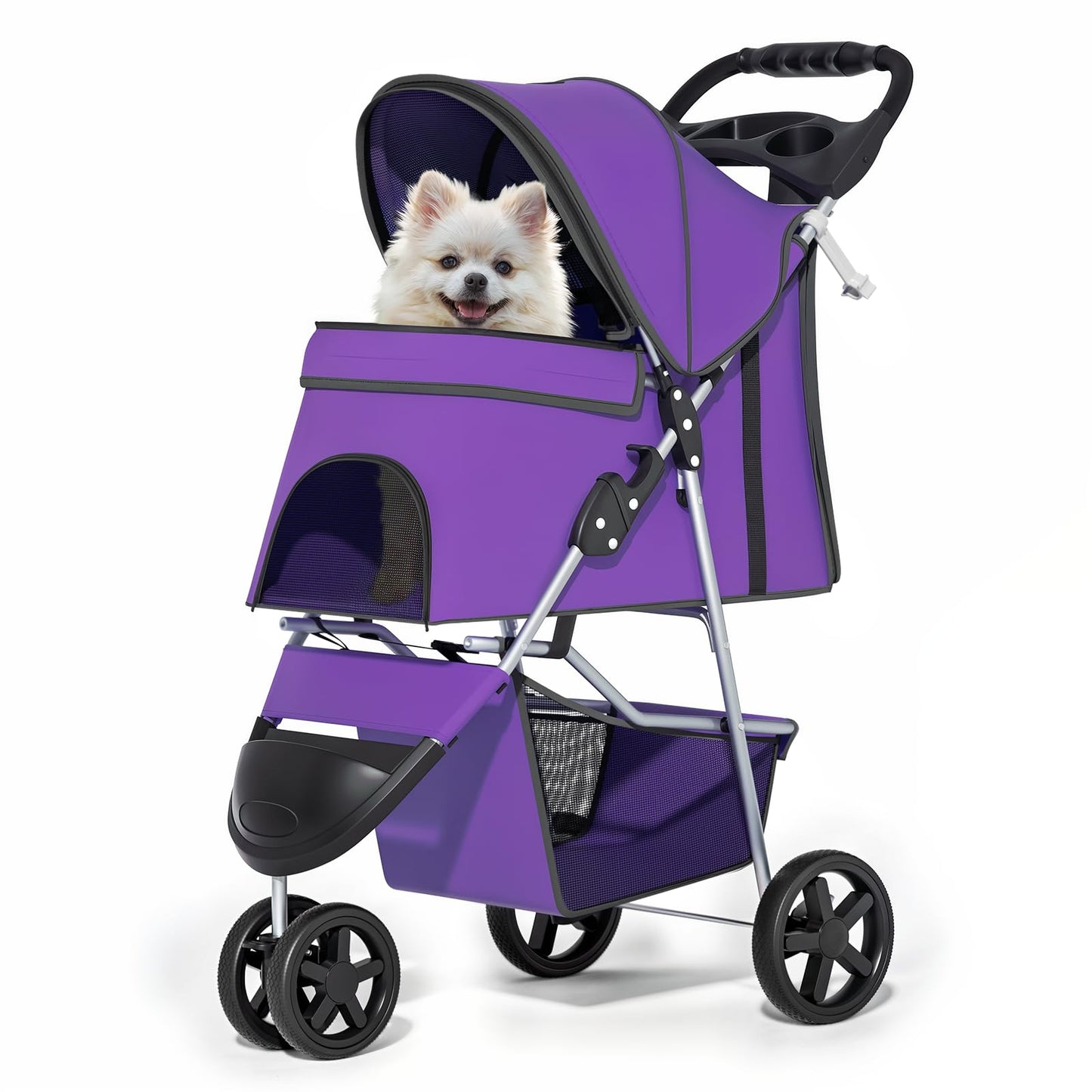 Foldable pet carrier with a rain cover, three-wheel design, suitable for small to medium-sized dogs and cats, equipped with a storage basket and cup holder, featuring a breathable and transparent mesh design, suitable for all seasons, black version.